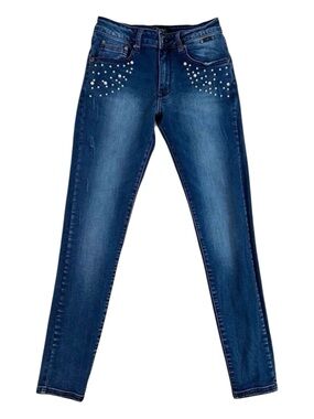 Oxygen jeans beaded skinny high rise blue lightly distressed stretch size medium